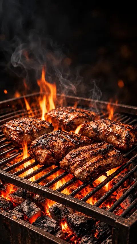 Cinco cortes sin hueso sobre una parrilla cuadrada con brasas